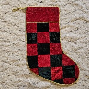 Red and Green Holiday Stocking Patchwork Faux Velvet with Gold Cord Trim